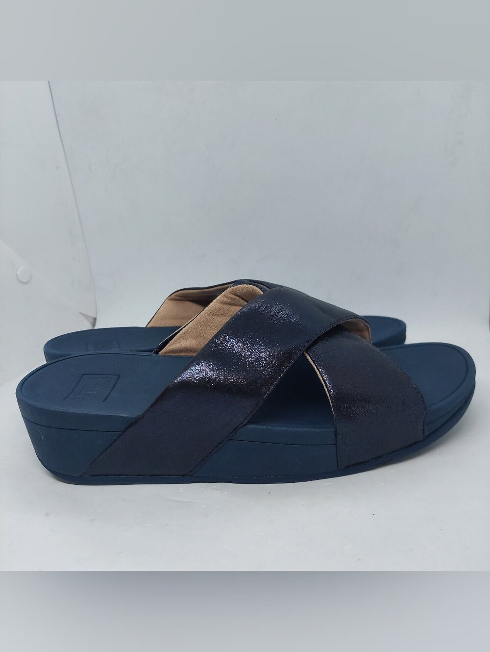 FitFlop Lulu Cross Glitz Sandals Wedge Slide Womens Size 9 Navy Leather Slip On
